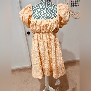 Peach Puff-Sleeve Textured Baby Doll Dress